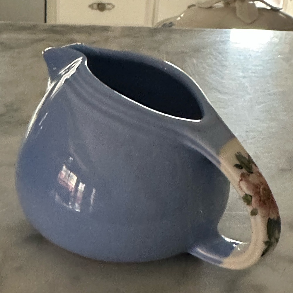 Hall’s Superior Kitchenware Blue Ceramic Pitcher with Rose Parade Handle